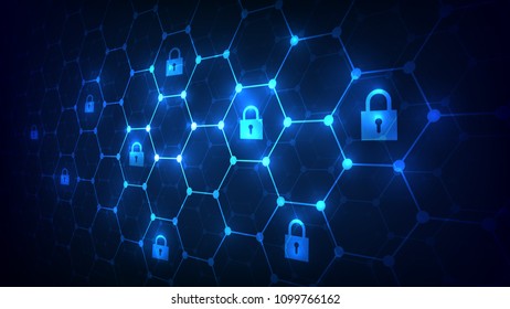 Hexagonal grid background with padlocks icon.Security and Blockchain network concept.vector illustration eps 10