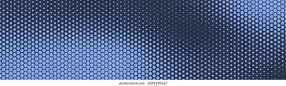 Padrão de meio-tom de grade hexagonal textura borrada suave ultra larga 32:9 taxa de proporção azul marinho vetor abstrato fundo. Hexágono meio tom panorâmico ultrawide formato tecnologia futurista abstração