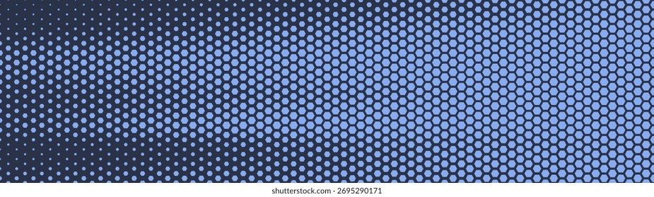 Padrão de meio-tom de grade hexagonal estrutura borrada suave ultra larga com taxa de proporção de 32:9 fundo abstrato de vetor azul escuro. Hexágono meio tom panorâmico ultralargo formato futurista dinâmica abstração
