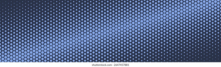Hexagonal grid halftone pattern tilted gradient border ultra wide 32:9 aspect ratio dark blue vector abstract background. Hexagon half tone panoramic ultrawide format futuristic technology abstraction