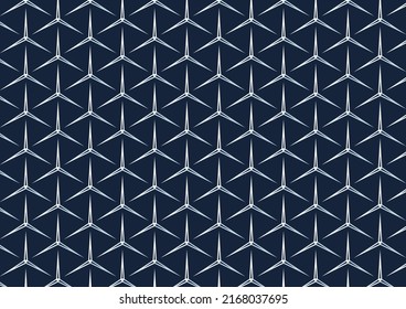 Hexagonal grid. Honeycomb wallpaper. Three pronged star blocks. Angle brackets Repeated black interlocking broken hexagons contours on black blue background.