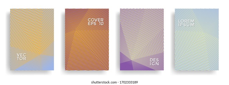 Hexagonal halftone pattern cover pages vector trendy design. Polygonal lines texture patterns. Party invitation flyer templates set. Cover page layouts, flyers, banners with halfton patterns.
