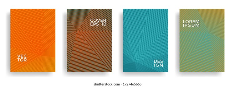 Portadas de portada de patrones de semitono hexagonal diseño de enfriamiento vectorial. El hexágono bordea los fondos de textura. Conjunto de plantillas de informes anuales. Diseños de portada, afiches, pancartas con textura de rayas.