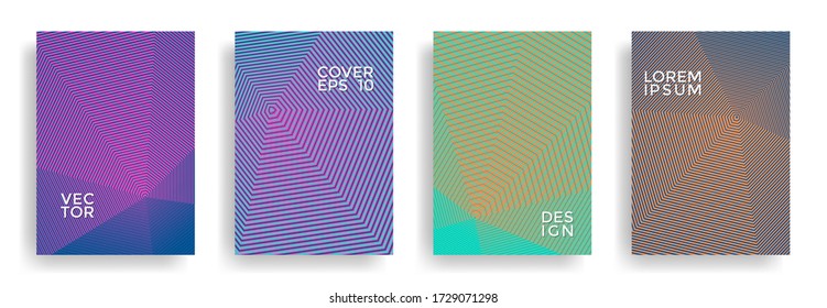 Hexagonal halftone pattern cover pages vector graphic design. Polygonal lines texture backgrounds. Annual report templates set. Cover page layouts, flyers, banners with striped patterns.
