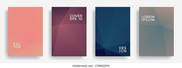 Hexagonal halftone pattern cover pages vector creative design. Hexagon lines texture backgrounds. Party invitation flyer templates set. Cover page layouts, flyers, banners with halfton texture.