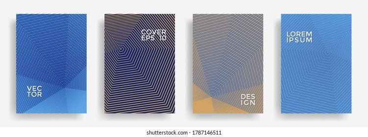 Hexagonal halftone pattern cover pages vector geometric design. Hexagon lines texture backdrops. Annual report templates set. Cover page layouts, flyers, banners with halfton lines.
