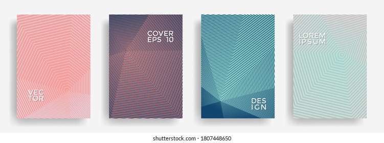 Hexagonal halftone pattern cover pages vector geometric design. Polygonal lines texture backgrounds. Annual report templates set. Cover page layouts, flyers, banners with halfton patterns.