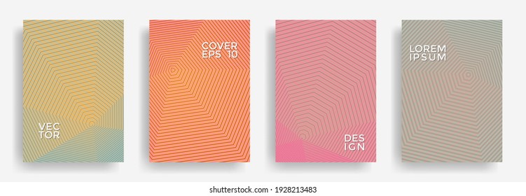 Hexagonal halftone pattern cover pages vector geometric design. Hexagon lines texture backgrounds. Annual report templates set. Cover page layouts, flyers, banners with striped patterns.