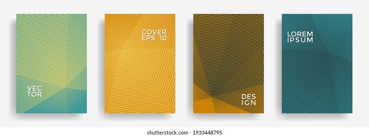 Hexagonal halftone pattern cover pages vector geometric design. Hexagon lines texture backdrops. Party invitation flyer templates set. Magazine cover page layouts, posters collection.