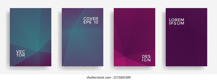 Hexagonal halftone pattern cover pages vector abstract design. Polygonal lines texture backgrounds. Annual report templates set. Cover page layouts, posters, banners collection.