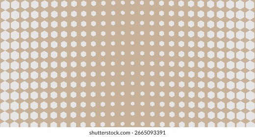 Padrão de meio-tom hexagonal em um plano de fundo bege, com hexágonos de tamanhos variados criando um efeito esmaecido ou gradiente do centro para fora