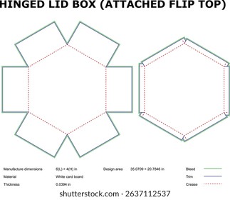 Hexagonal hinged lid box template attached flip top die-cut design