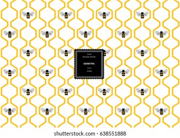 Hexagonal honeycomb pattern with bees for background and sticker with logo. Vector packaging design elements and templates. Honey. Bee. 