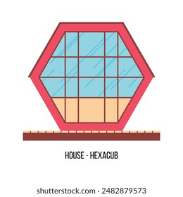 Hexagonal house, facade. Honeycomb house exterior. Modern portable modular apartment for camping, hotel or life in nature.