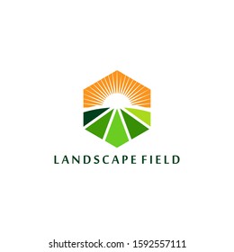 Hexagonal house Landscaping field logo vector