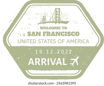 Hexagonal immigration arrival stamp in green with the Golden Gate Bridge celebrating travel to San Francisco, United States of America, on December 19, 2022