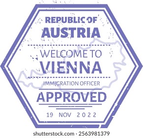 Hexagonal immigration stamp with the contour of Austria welcoming tourists to Vienna with an approved passport stamp issued by an immigration officer on November 19, 2022