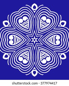 Hexagonal indigo blue heart mandala pattern. Openwork freehand hexagon fabric print. Ethnic openwork print for textile. Free hand drawing hexagon vector motif. Indigo blue white hexagon heart pattern.