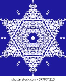Hexagonal indigo blue mandala pattern. Openwork freehand hexagon fabric print. Ethnic openwork print for textile. Free hand drawing hexagon vector motif. Indigo blue and white hexagon grunge pattern.