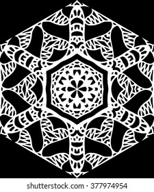 Hexagonal indigo blue mandala pattern. Openwork freehand hexagon fabric print. Ethnic openwork print for textile. Free hand drawing hexagon vector motif. Indigo blue and white hexagon grunge pattern.