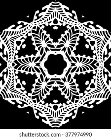 Hexagonal indigo blue mandala pattern. Openwork freehand hexagon fabric print. Ethnic openwork print for textile. Free hand drawing hexagon vector motif. Indigo blue and white hexagon grunge pattern.