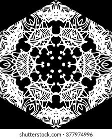 Hexagonal indigo blue mandala pattern. Openwork freehand hexagon fabric print. Ethnic openwork print for textile. Free hand drawing hexagon vector motif. Indigo blue and white hexagon grunge pattern.