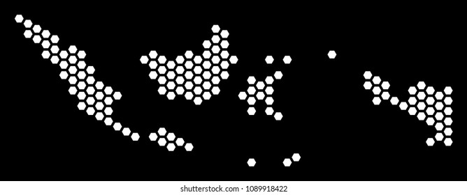 Hexagonal Indonesia map. Vector territorial scheme on a black background. Abstract Indonesia map mosaic is constructed with honeycomb blots.