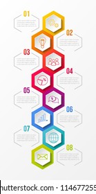 Hexagonal infographic with colourful business icons. Vector.