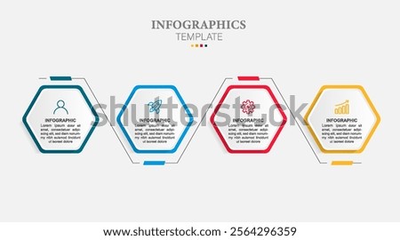 hexagonal infographic template with 4 steps and icons. Can be used for web design, timeline, diagram, chart, graph, business presentation.