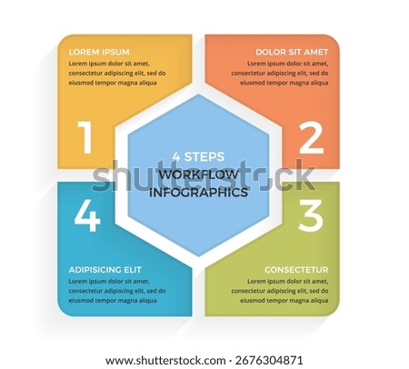Hexagonal infographic template showing 4 step workflow process with numbered sections