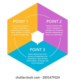 Hexagonal Infographic Template With Three Steps. 3 Points In Different Colors And Main Title Inside With Sample Text 