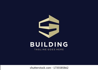 Hexagonal Initial Letter S Logo. Goldener Geometrischer Shape-Stil isoliert auf blauem Hintergrund. Für Business und Building Logos geeignet. Vorlage für flache Vector-Logos.