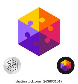 Hexagonal jigsaw puzzle logo. Hex shape formed from six bright color triangles creative icon. Infographics round template.