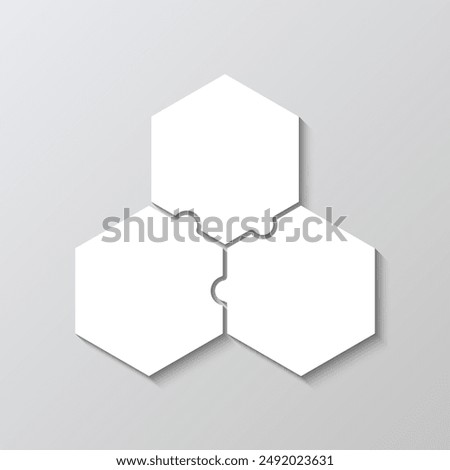 Hexagonal jigsaw template with 3 details. Hexagon scheme of thinking game. Cutting puzzle pieces grid. Modern background with mosaic shapes. Simple frame tiles. Vector illustration.