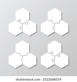 Sechseckige Puzzle-Vorlagen mit 3 Details. Schneiden Puzzle-Stücke Grid-Sammlung. Hexagon-Schema des Denkspiels. Moderner Hintergrund mit Mosaikformen. Einfache Rahmenfliesen. Vektorgrafik.
