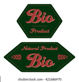 Hexagonal label or tag  Bio and Natural Product. Dark green and red colors
