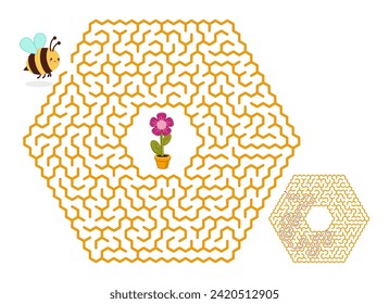Hexagonal labyrinth. Maze game for kids. Help the bee find the way to the flower. Brain teaser for kids
