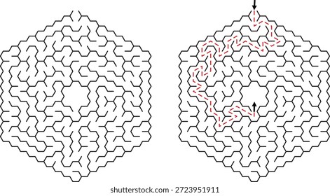 Labirinto Hexagonal com Caminho de Solução Tracejado Vermelho e labirinto de Duas Setas Direcionais
