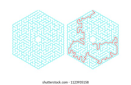 Hexagonal labyrinth with a solution. Color hexagonal maze. A useful puzzle game for children and adults.