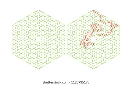 Hexagonal labyrinth with a solution. Color hexagonal maze. A useful puzzle game for children and adults.