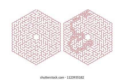 Hexagonal labyrinth with a solution. Color hexagonal maze. A useful puzzle game for children and adults.