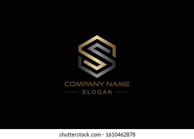 hexagonal line logo letter s in gold and metal or steel color