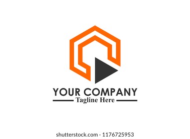 hexagonal line multimedia play logo template