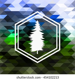 Hexagonal  logo design with pine tree on the colorful triangles background. Green and blue tones.