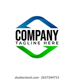 Um logótipo hexagonal com um laço de fita de gradiente (azul no topo, verde no fundo) com setas, 