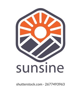Hexagonal logo with sun mountain landscape and text sunsine symbol icon
