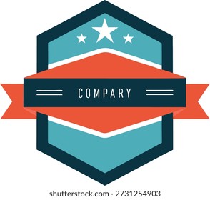 A hexagonal logo in teal and red. A dark blue horizontal band with the word "COMPANY" in white text is overlaid on a red ribbon. The top of the hexagon contains a white star and two smaller white stars, while the bottom has a teal chevron shape. The background is white.