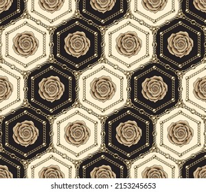 Hexagonal luxury vintage beige and brown pattern with roses, shiny gold chains, beads. Vector seamless background.