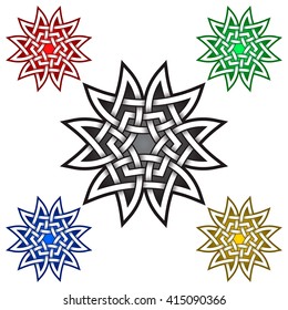 Hexagonal mandala logo symbol in Celtic style. Tribal tattoo symbol. Silver stamp for jewelry design and samples of red, green, blue and golden colors.