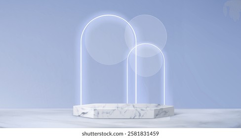 Hexagonal marble podium with glass morphism decor on blue background. Vector realistic illustration of natural stone platform for product presentation, spa or skincare cosmetics promo banner template